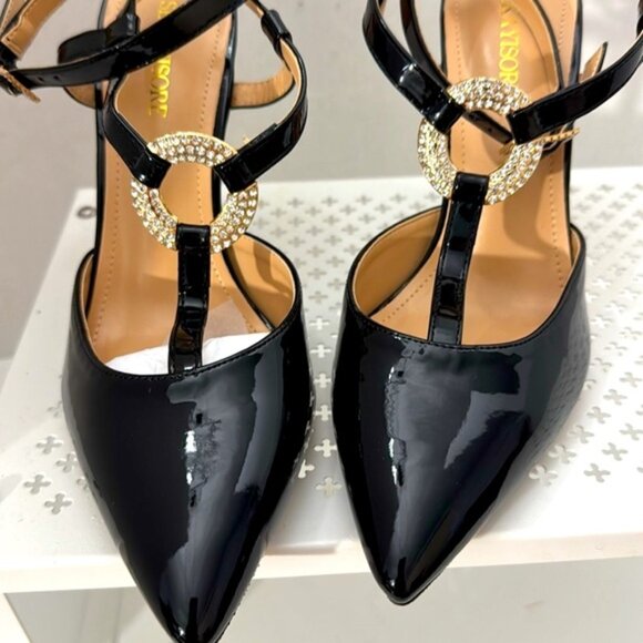 SEKAYISORE Women Black Point-Toe Ankle Strap Buckle Patent Leather 4 Inch Heels - Picture 5 of 6